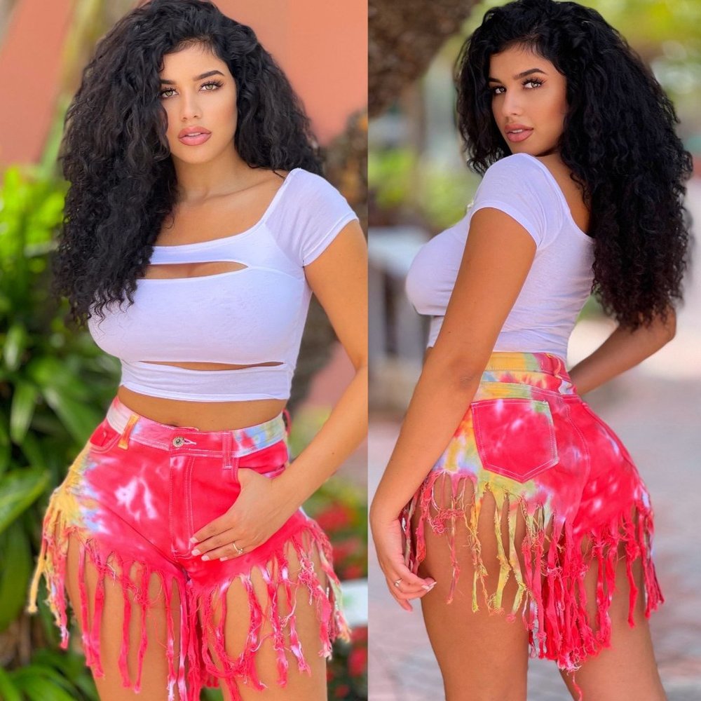Dolly Rainbow Tie-Dye Print Distressed Fringe Denim Shorts - TIE DYE RED